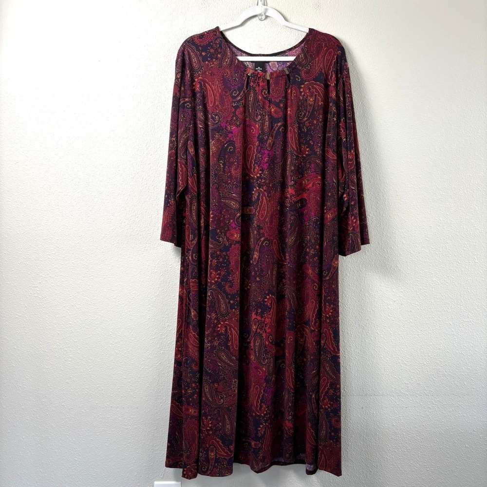 Catherines AnyWear Midi Dress Size 3X Multicolor Paisley Gold Detail 3/4 Sleeve